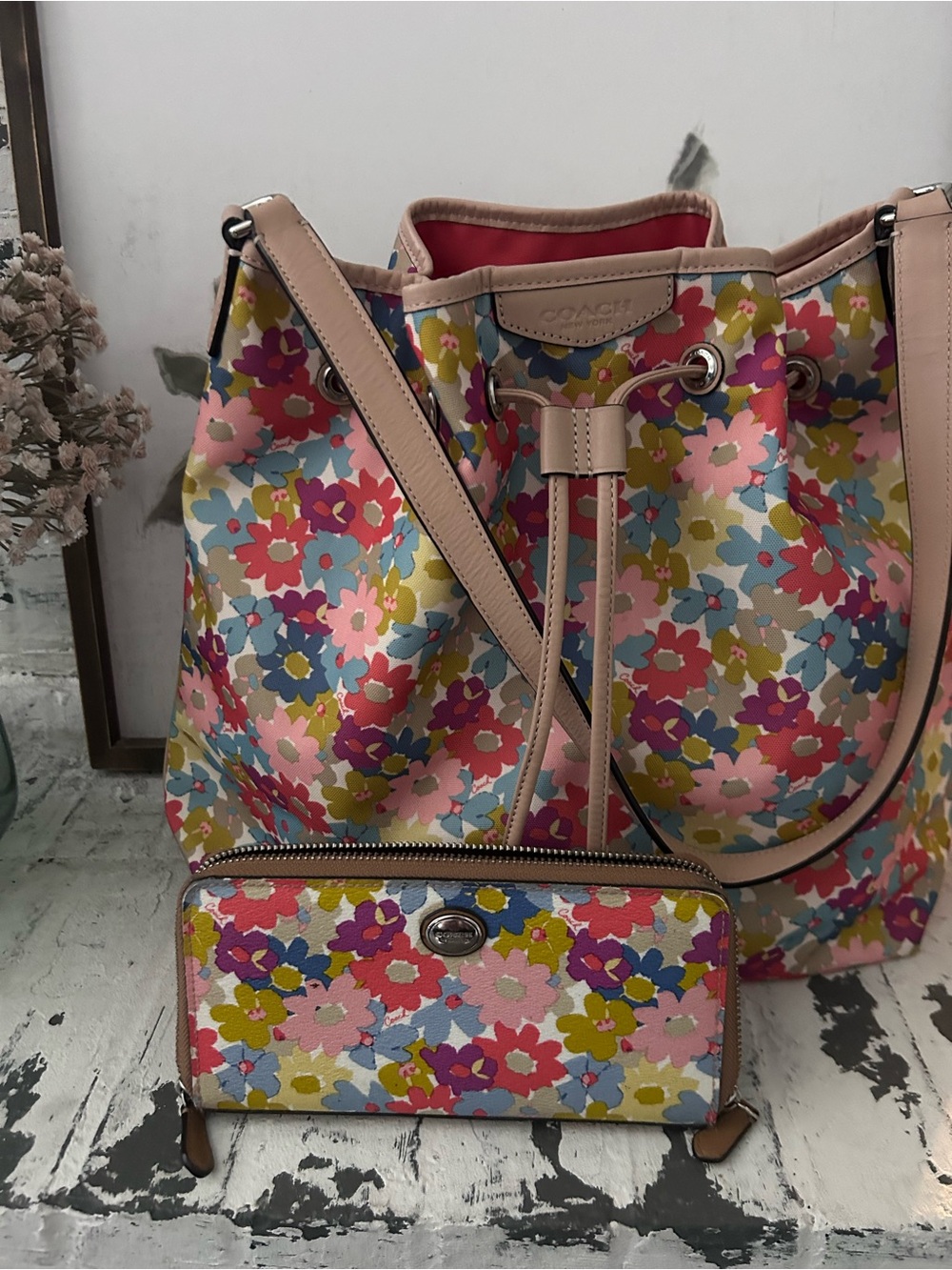 Coach Floral Drawstring Tote and Wallet Set - Multicolor